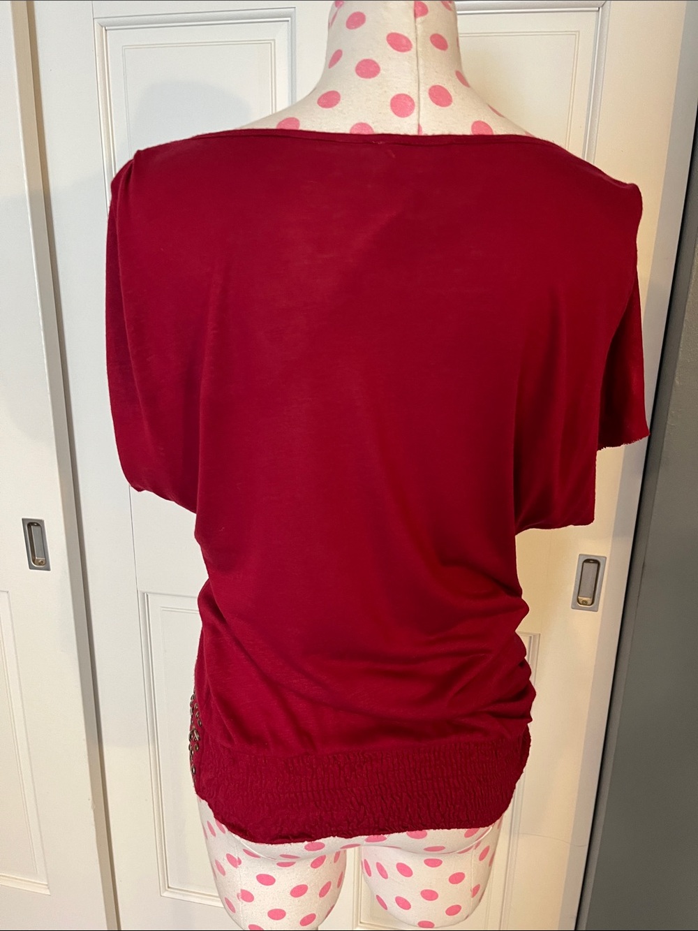 Matty M Off-Shoulder Short Sleeve Top in Wine Red with Studded Hem - Picture 2 of 8